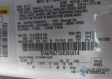 2013 Ford Fusion S из США, поврежденный, VIN 3FA6P0G75DR305014